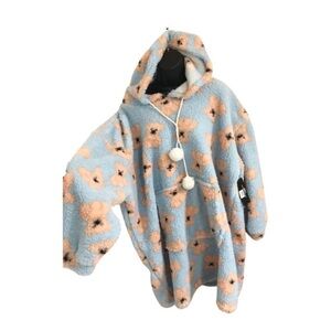 Blue fluffy sherpa like teddy bear print oversized hoodie poncho blanket size OS
